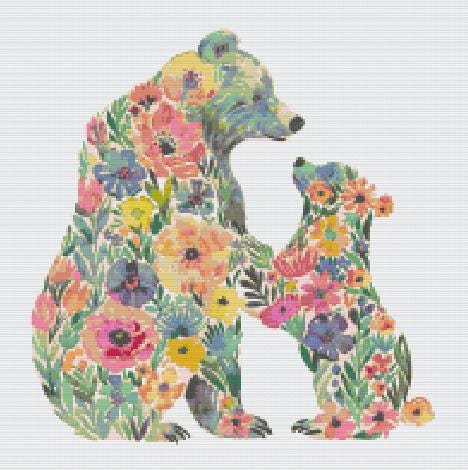 Mama and Baby bear with flowers cross stitch pattern