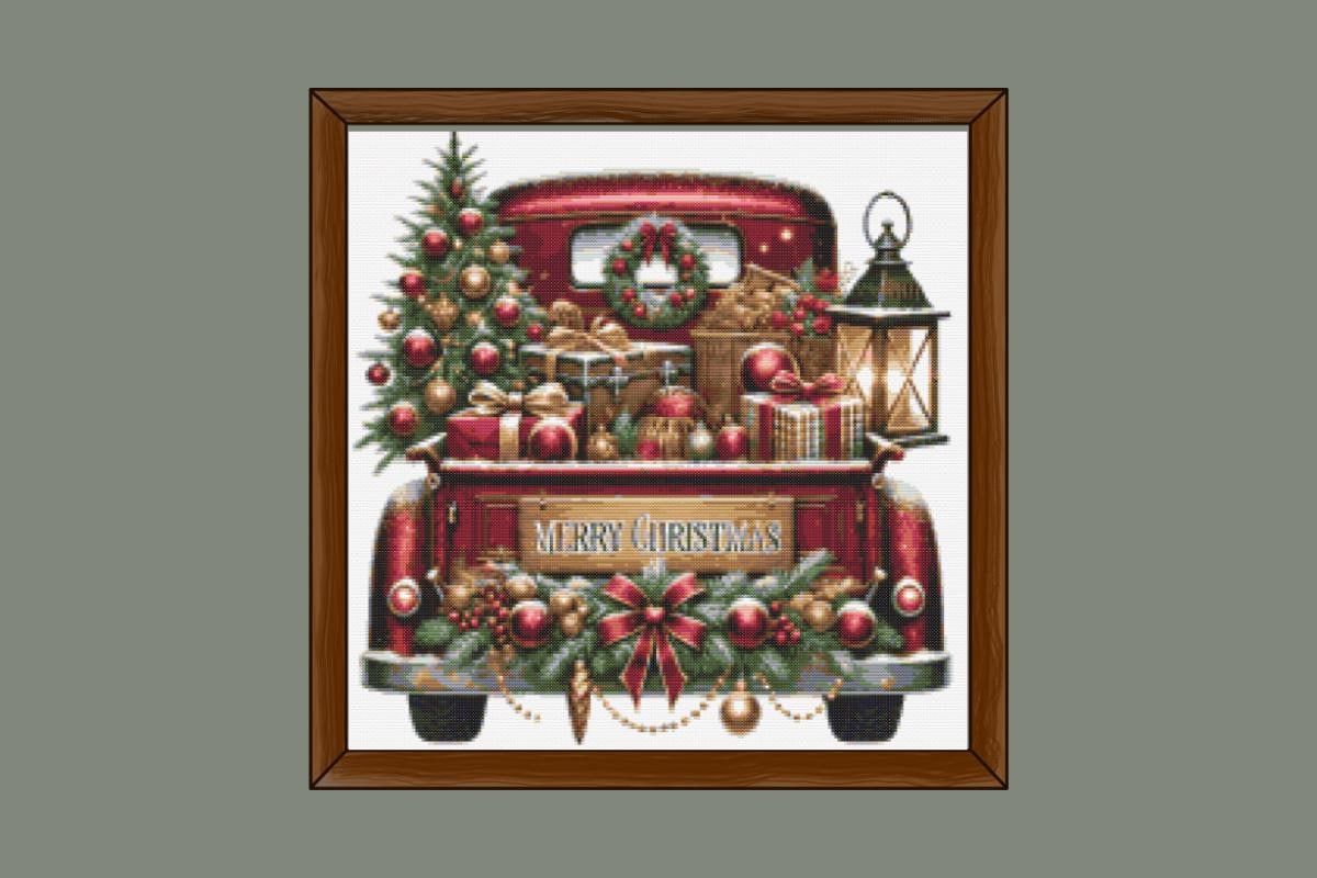 Red Merry Christmas truck cross stitch pattern