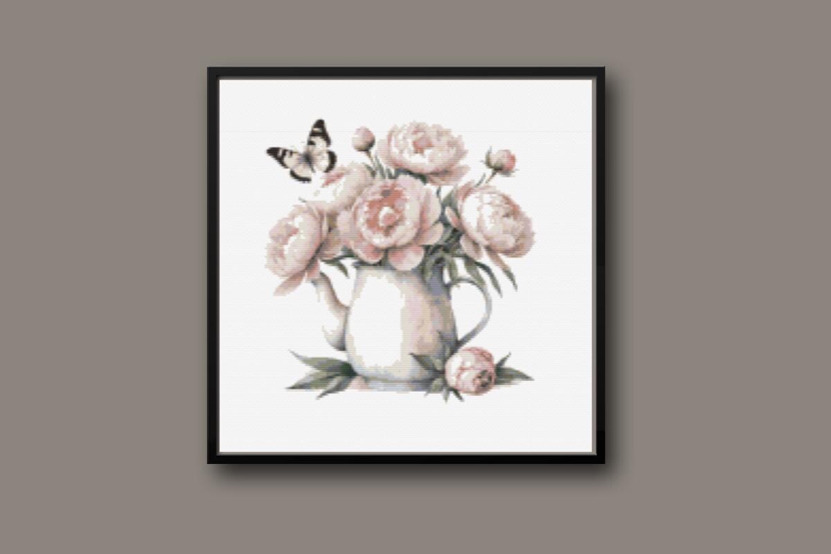 Pitcher of flowers with butterfly Cross stitch pattern