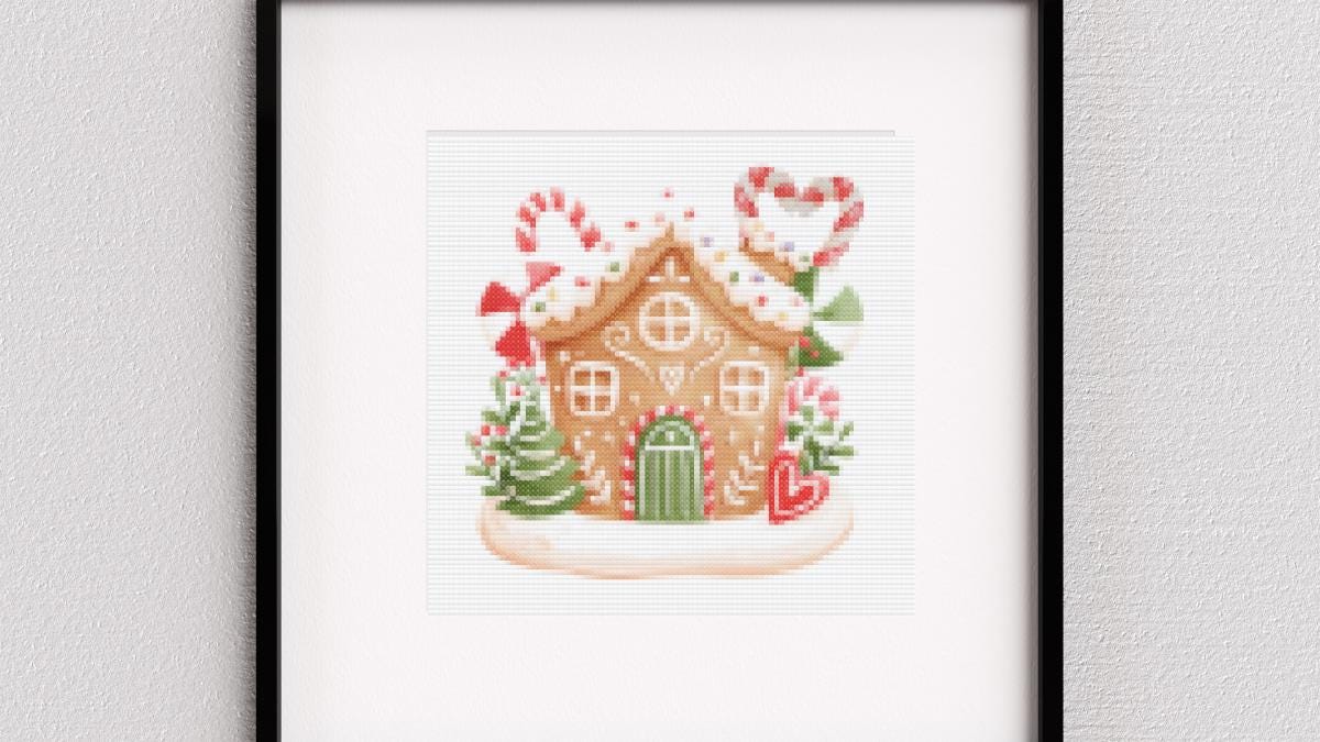 Gingerbread House with candy canes cross stitch pattern