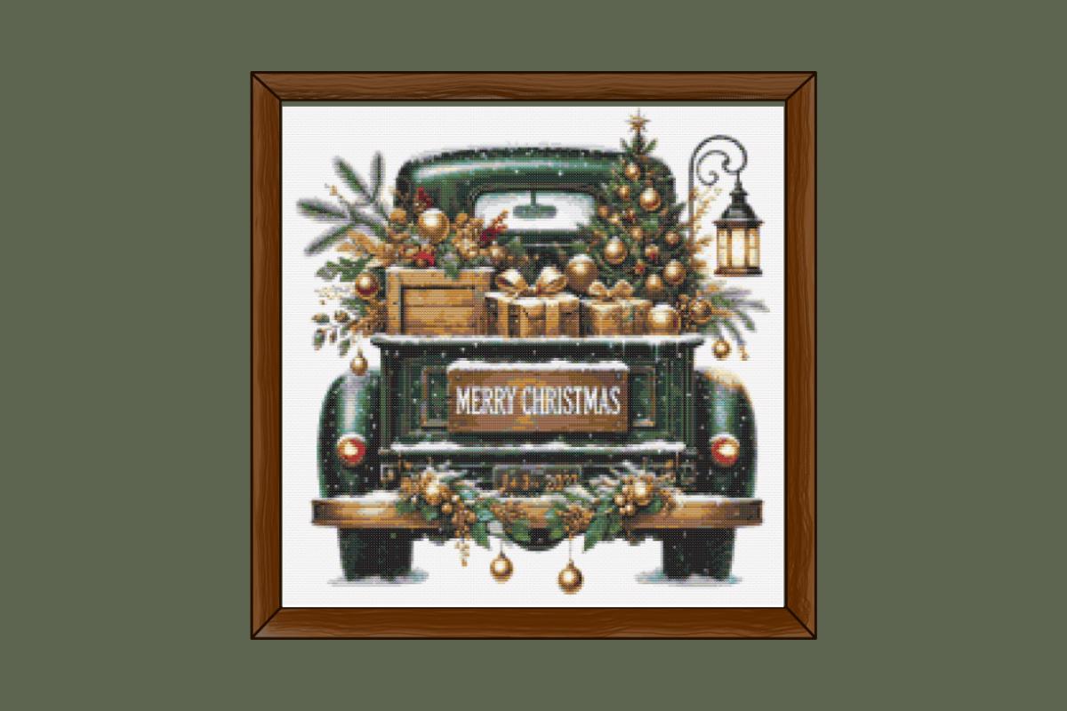 Green Christmas truck cross stitch pattern