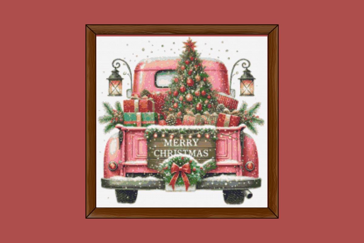 Pink Christmas truck with tree cross stitch pattern
