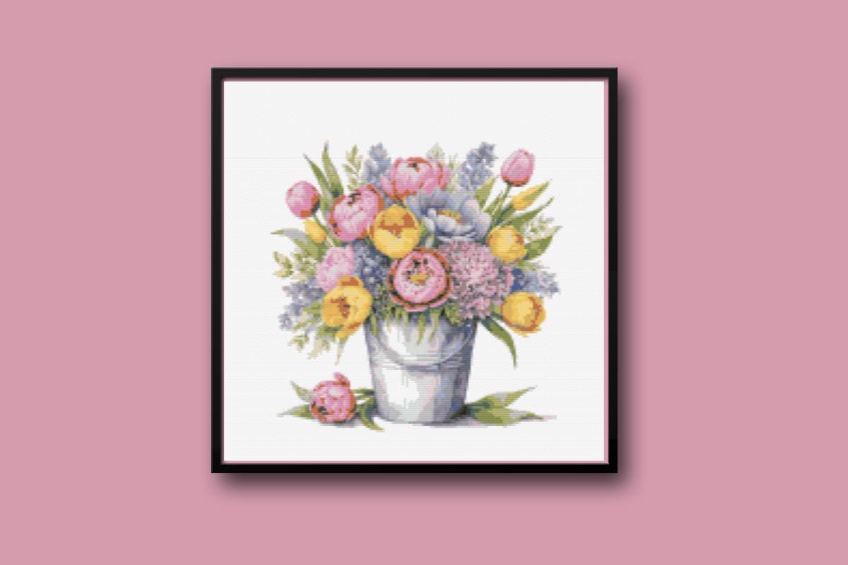 Spring flowers in pail Cross stitch pattern