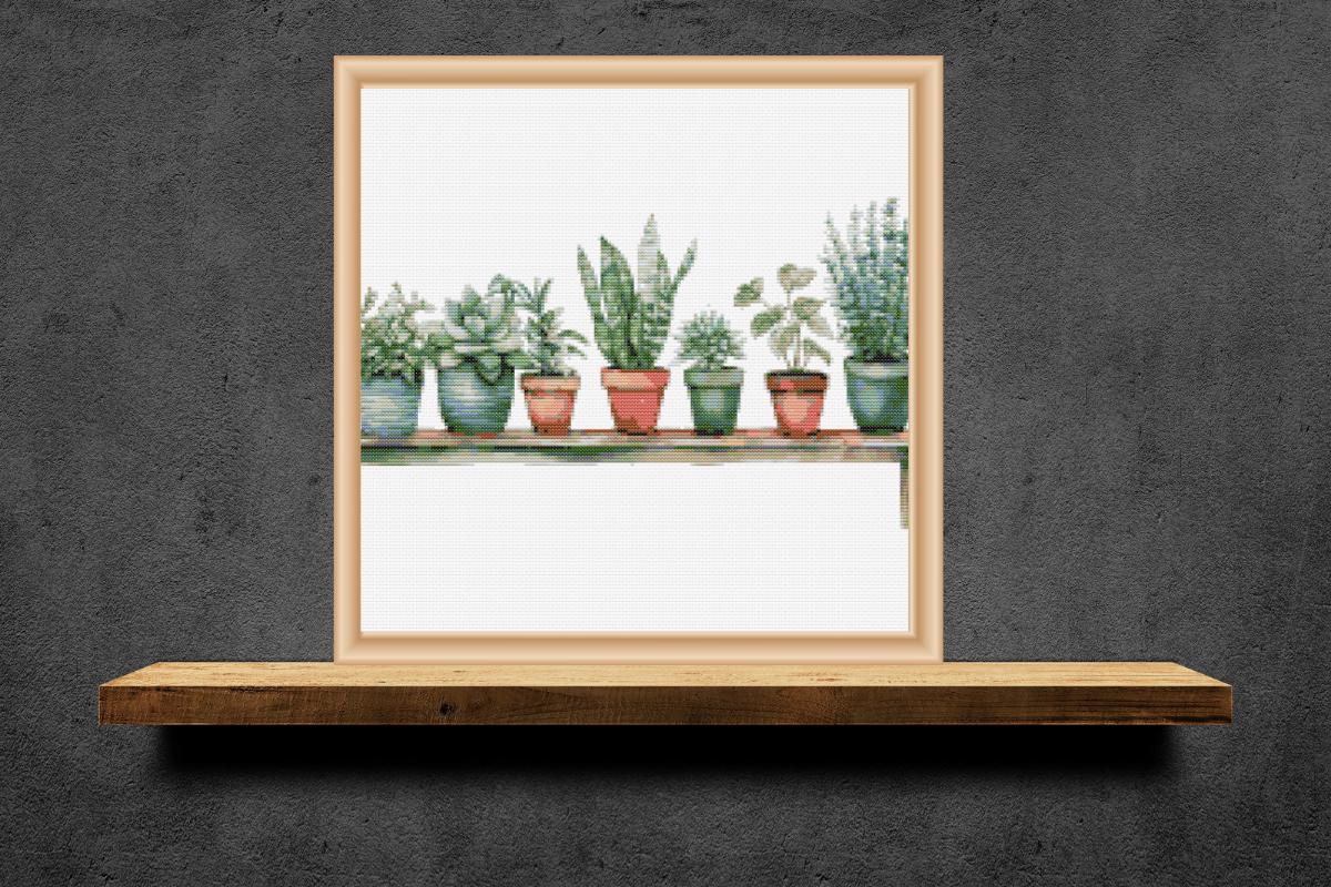 Shelf of plants together cross stitch pattern