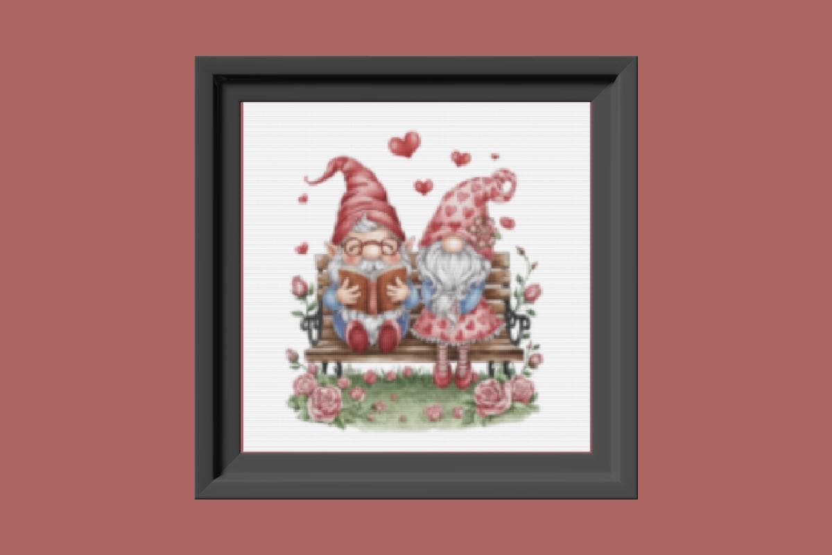 Valentine Gnome couple on bench Cross stitch pattern