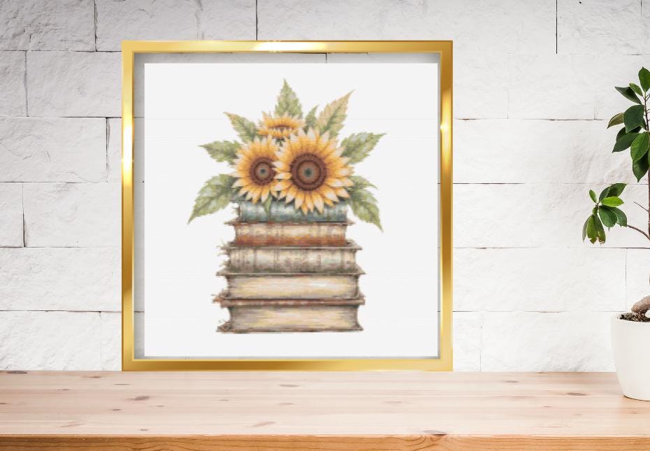 Sunflower on books cross stitch pattern