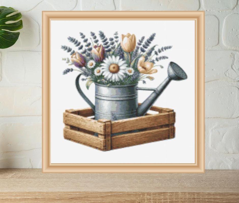 Spring Flowers in Pail cross stitch pattern