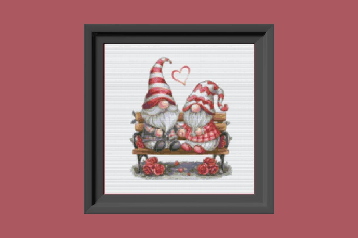 Red Valentine Gnomes Cross stitch pattern Gnome on bench