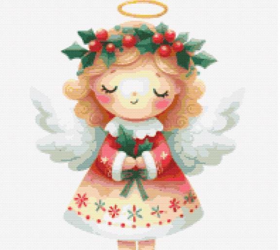 Girl Christmas Angel holding greenery cross stitch pattern