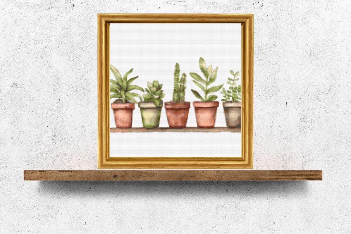 Plants on shelf cross stitch pattern