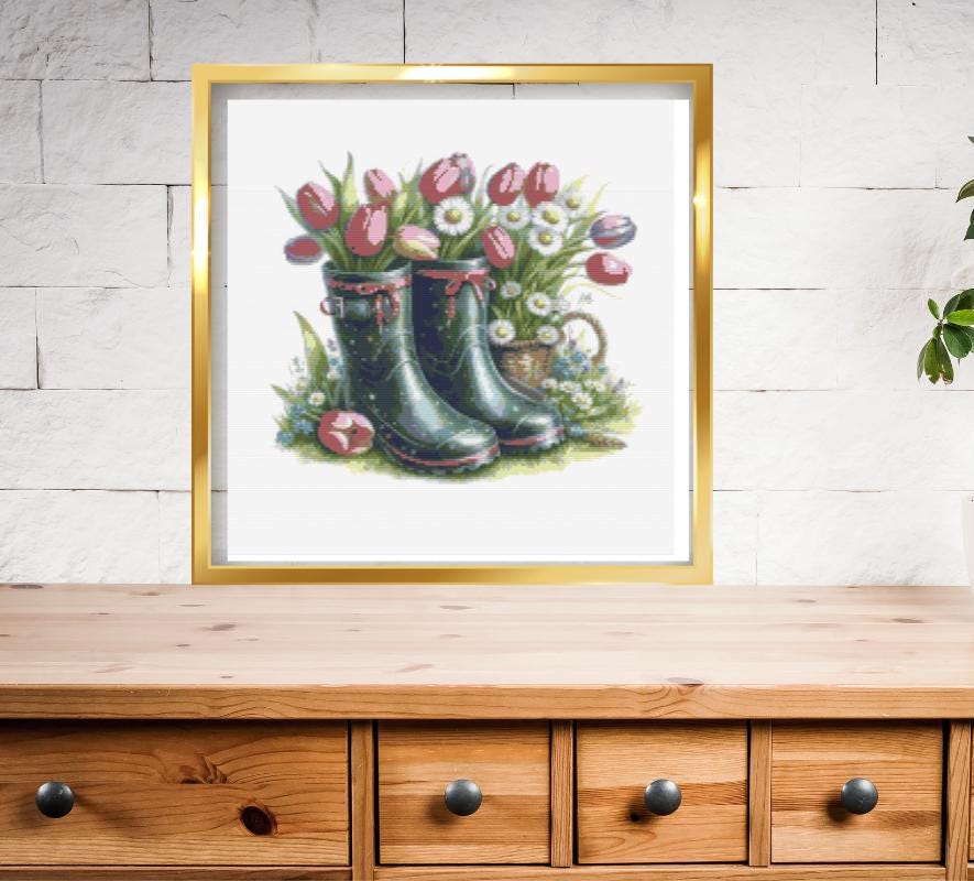 Spring Flowers in rain boots made cross stitch pattern