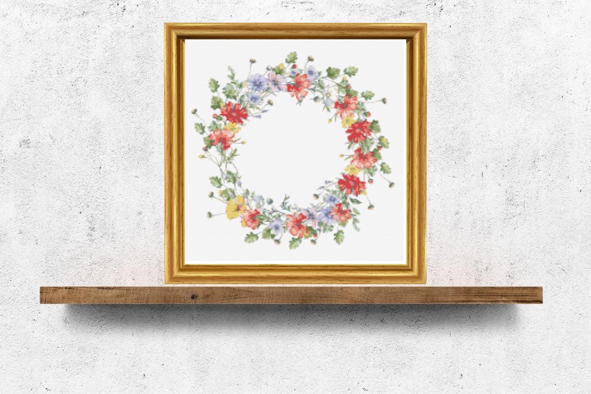 Red and yellow wreath cross stitch pattern