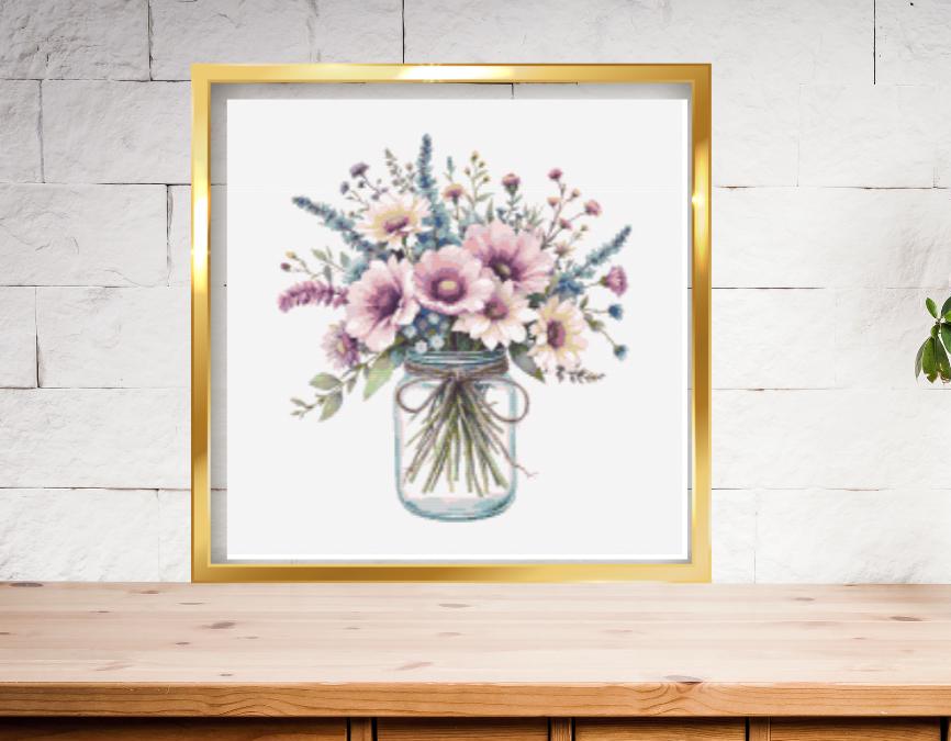 Pink flowers in Mason Jar cross stitch pattern