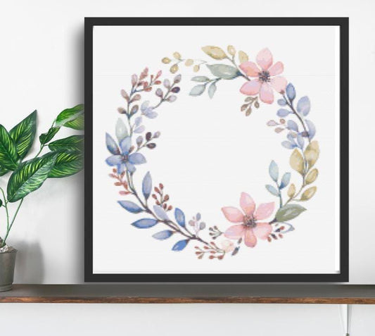 Blue and Pink wreath cross stitch pattern