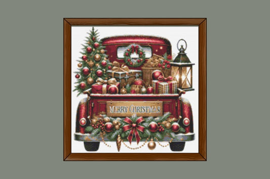 Red Merry Christmas truck cross stitch pattern
