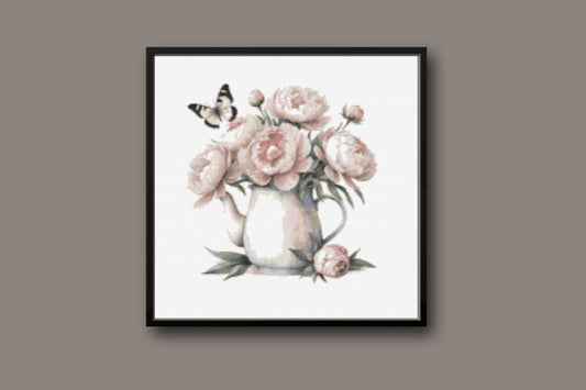Pitcher of flowers with butterfly Cross stitch pattern