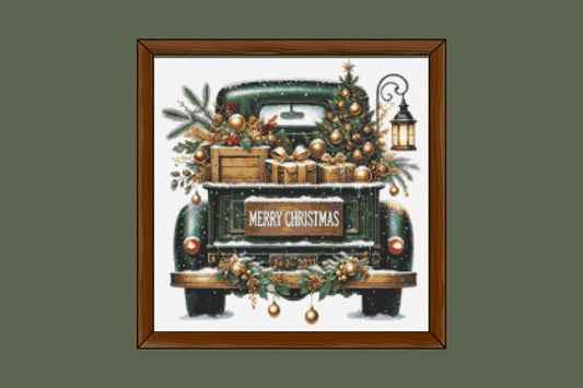 Green Christmas truck cross stitch pattern