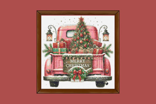 Pink Christmas truck with tree cross stitch pattern