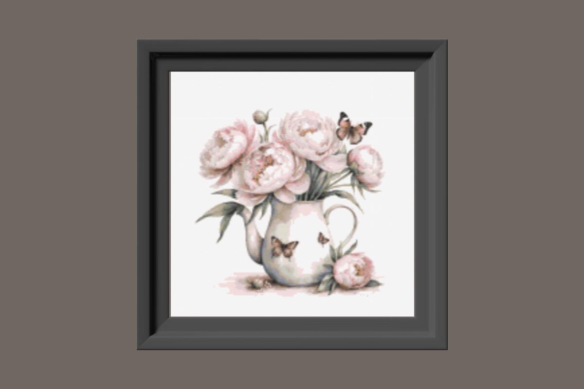 White Pitchers Pink flowers Cross stitch pattern