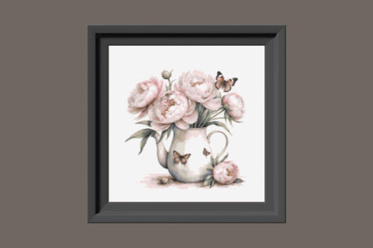 White Pitchers Pink flowers Cross stitch pattern