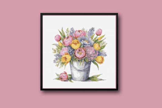 Spring flowers in pail Cross stitch pattern