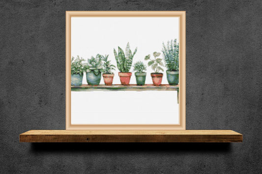 Shelf of plants together cross stitch pattern