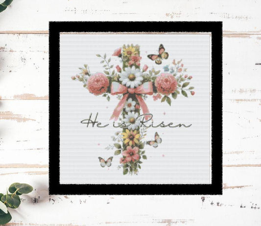 He is risen easter cross stitch pattern