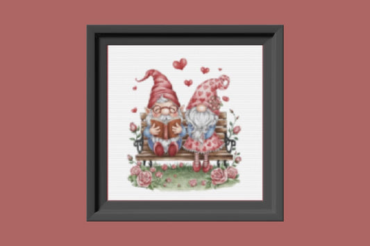 Valentine Gnome couple on bench Cross stitch pattern