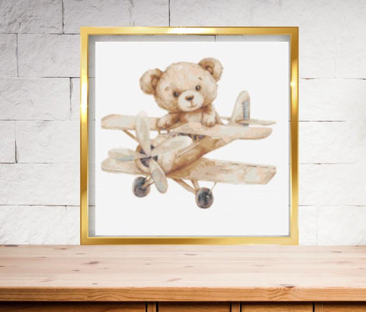 Teddy Bear in plane Cross stitch pattern