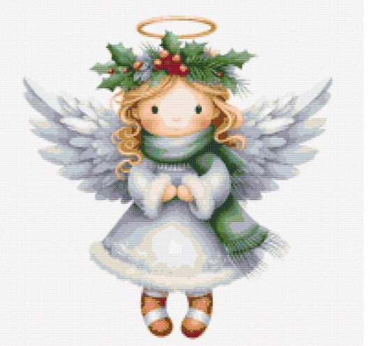 Girl Christmas Angel in green scarf cross stitch pattern
