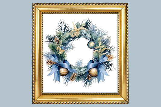 Blue and Gold Christmas Wreath cross stitch pattern