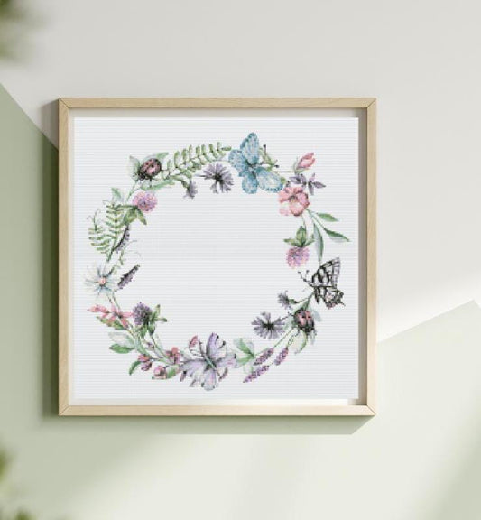 Wreath with butterflies cross stitch pattern