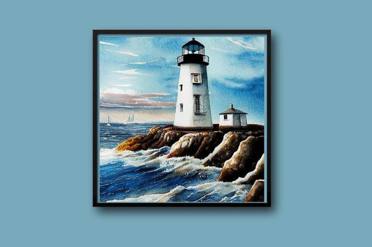 Lighthouse cross stitch pattern blue background
