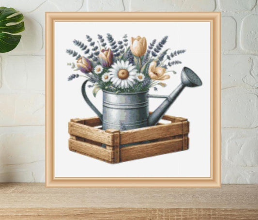 Spring Flowers in Pail cross stitch pattern