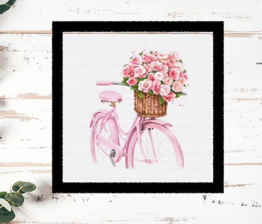 Pink Bike  floral  cross stitch pattern