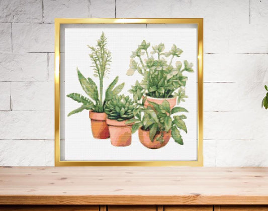 Potted plants together cross stitch pattern