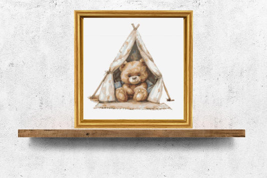 Teddy Bear in tent Cross stitch pattern