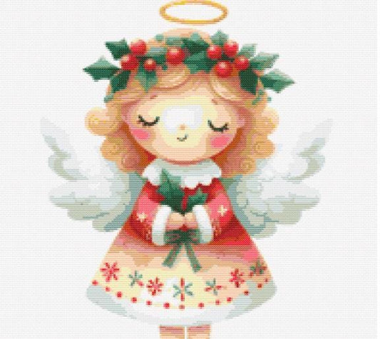 Girl Christmas Angel holding greenery cross stitch pattern