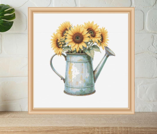 Sunflower in pail cross stitch pattern