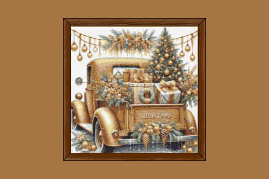 Gold Christmas truck cross stitch pattern