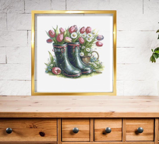 Spring Flowers in rain boots made cross stitch pattern