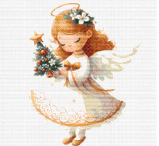 Girl Christmas Angel holding Christmas tree cross stitch pattern
