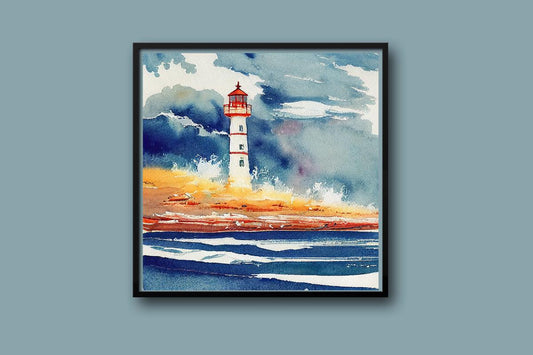 Lighthouse cross stitch pattern blue and orange background