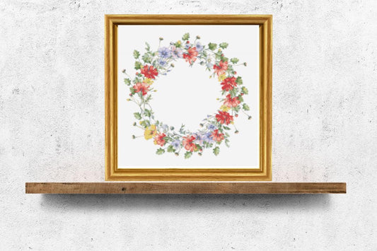 Red and yellow wreath cross stitch pattern