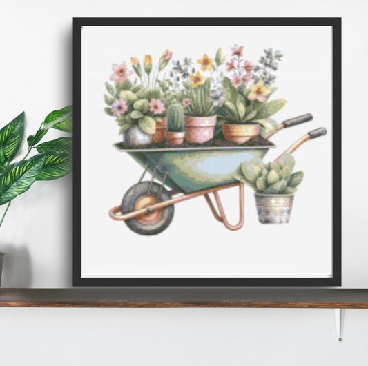 Spring Flowers in Wheelbarrow  cross stitch pattern