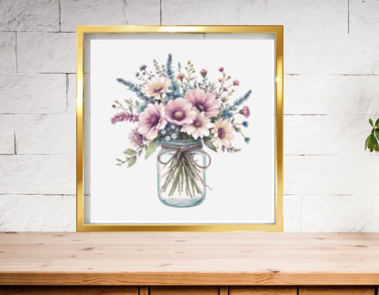 Pink flowers in Mason Jar cross stitch pattern